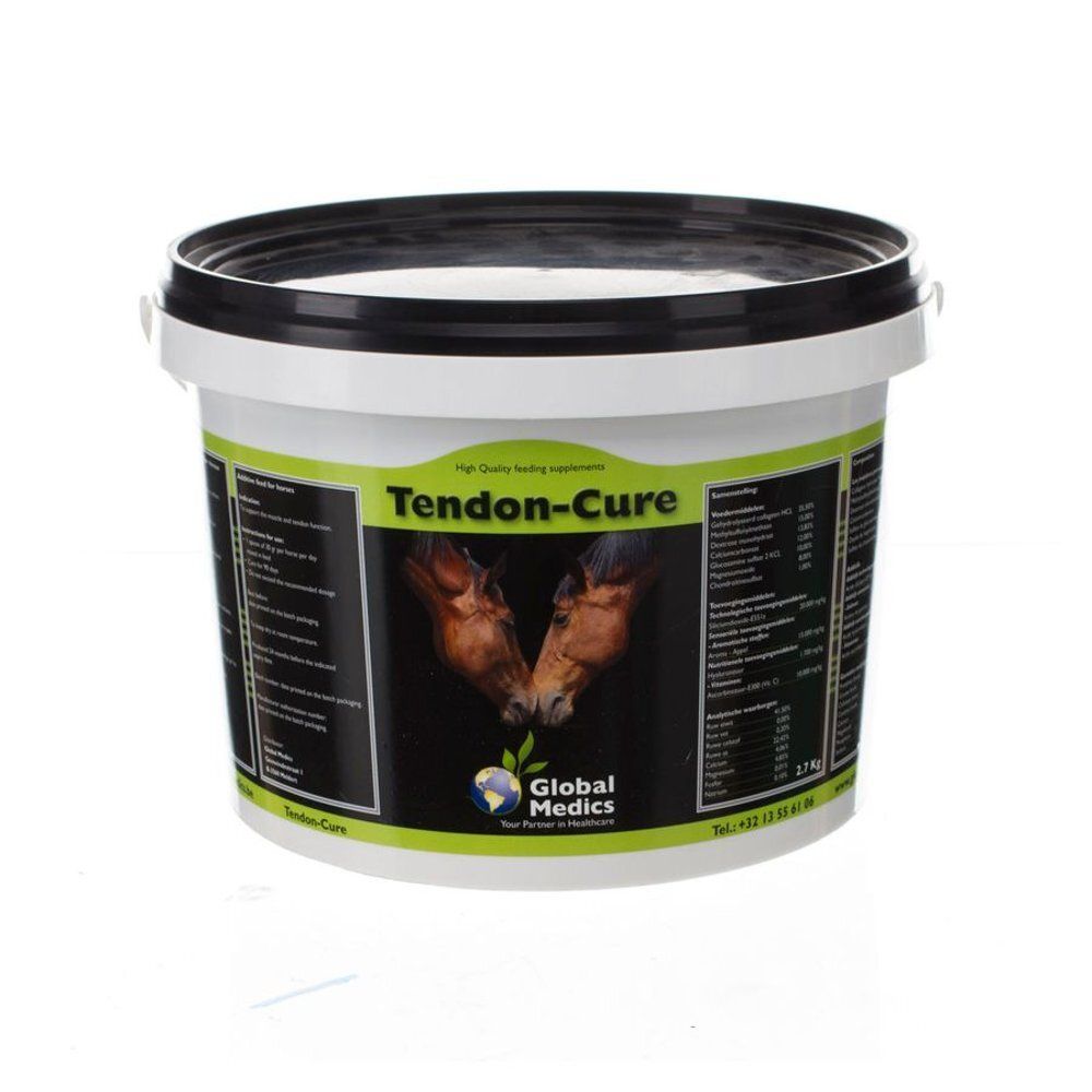 Arrière du seau Tendon-Cure avec instructions d'utilisation détaillées et ingrédients en plusieurs langues.