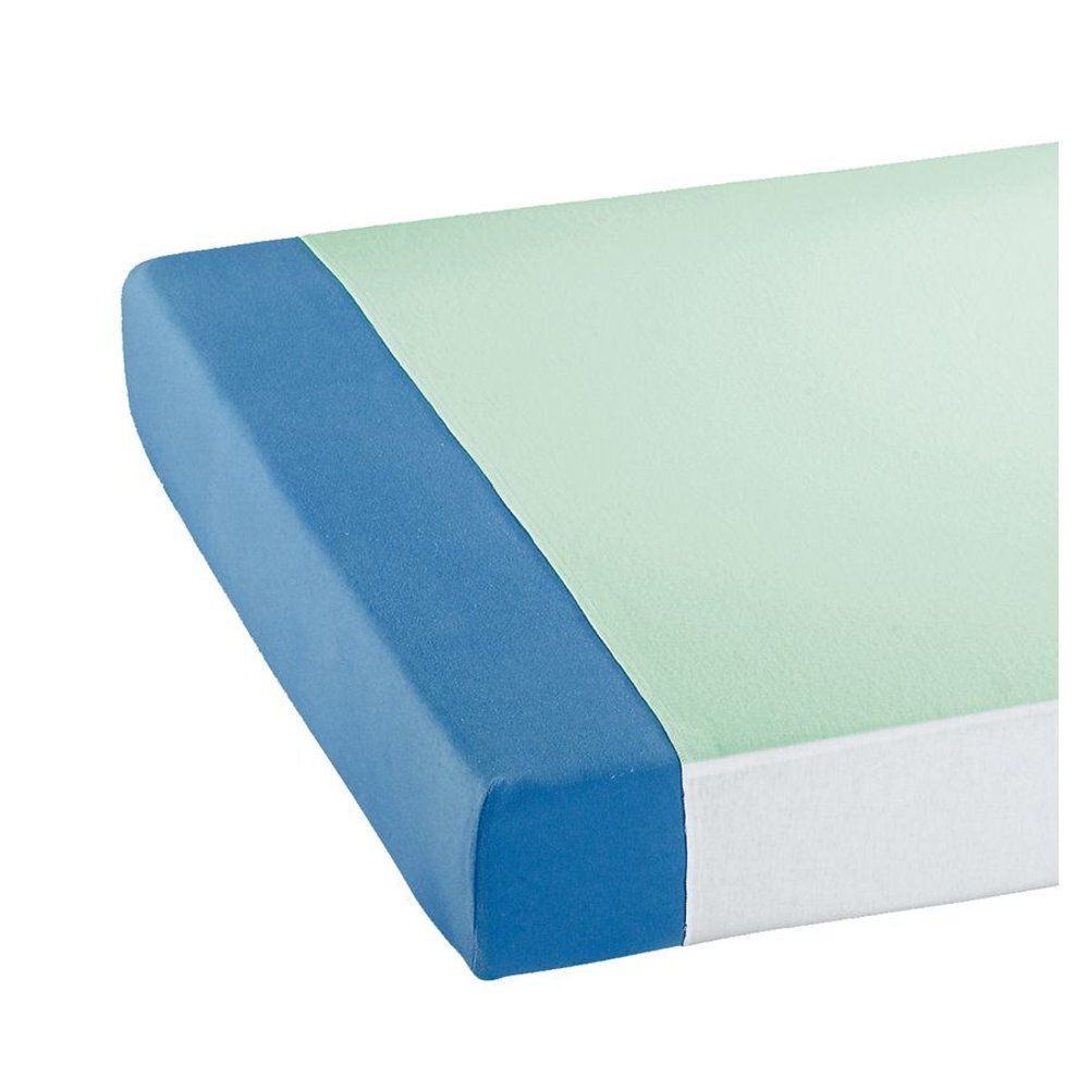 Coin de l'alèse. Bleu, vert et blanc. Forme rectangulaire.