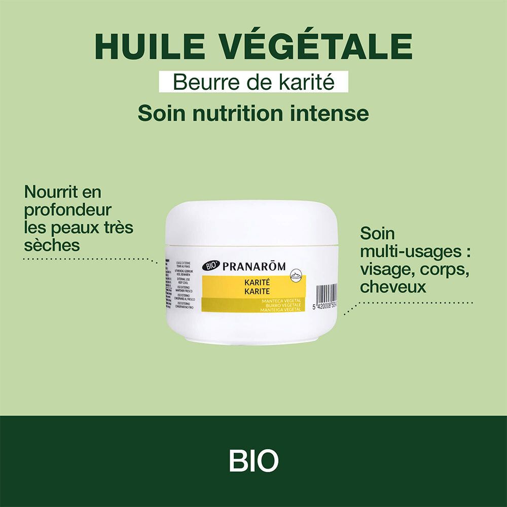 Pot blanc avec couvercle. Inscription: PRANAROM, KARITÉ KARITÉ. Étiquette jaune. Logo BIO. Vue du dessus.