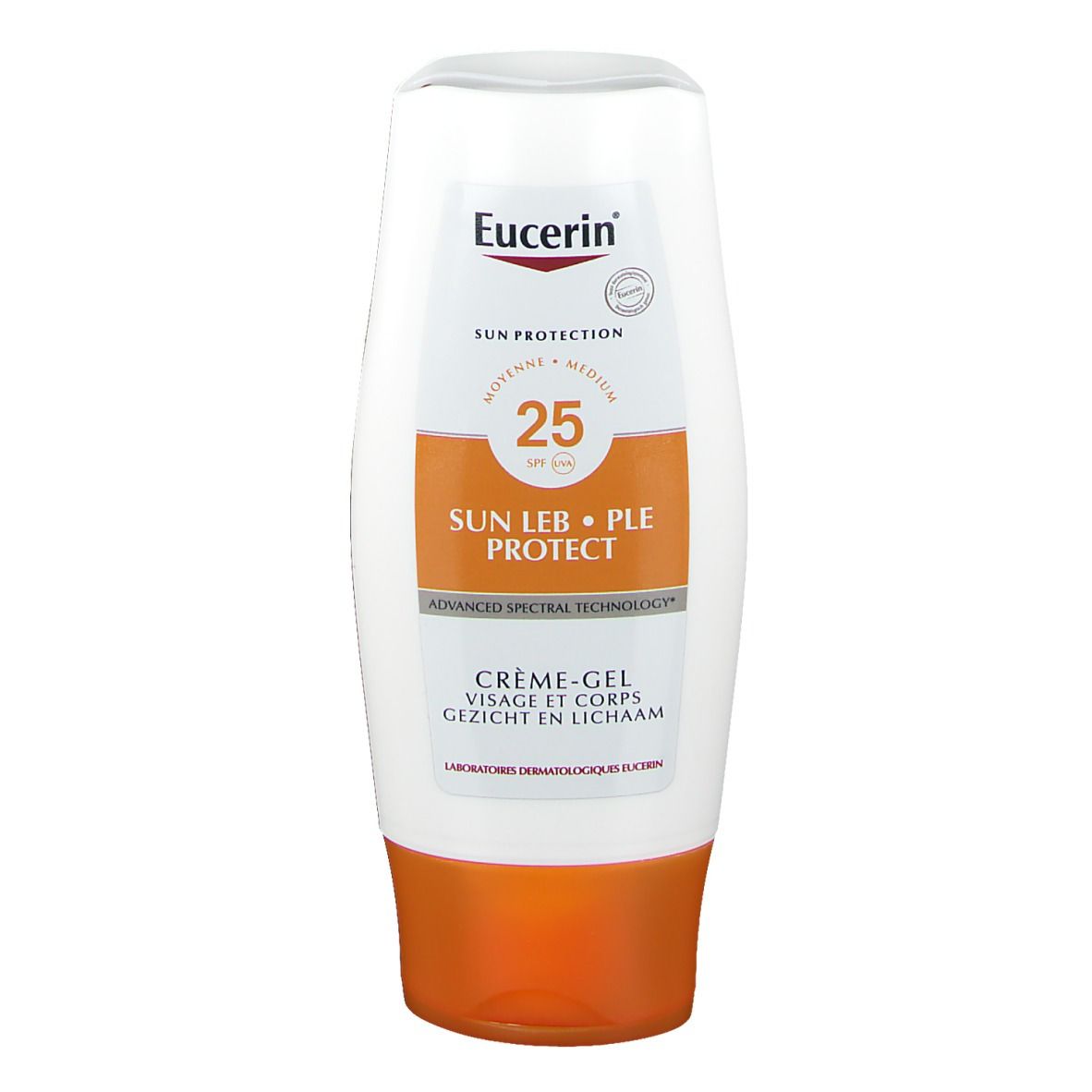 Tube blanche et orange. Logo Eucerin, SPF 25, SUN LEB • PLE PROTECT, Crème-Gel visage et corps.
