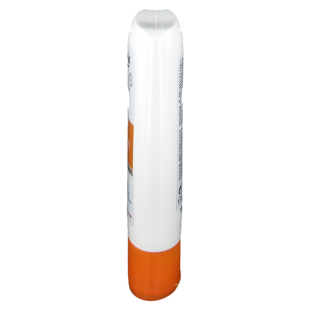 Tube blanc avec base orange. Informations produit au dos. Logo Eucerin visible.