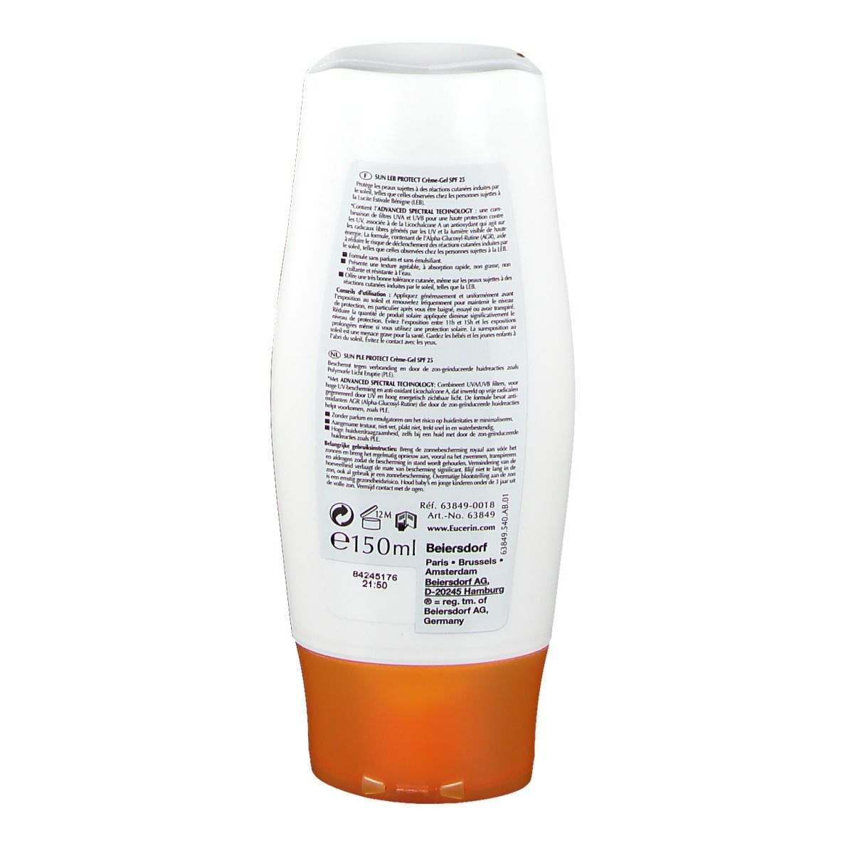 Dos d'un tube blanc. Texte avec informations produit. Eucerin, SUN LEB • PLE PROTECT, SPF 25, 150ml.