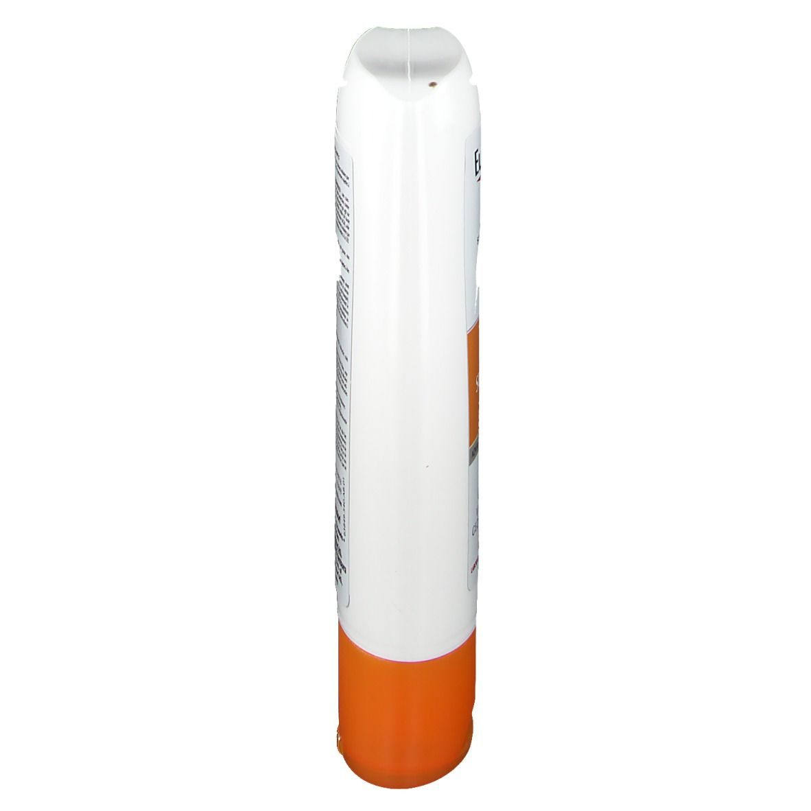 Tube blanc avec base orange. Informations produit au dos. Logo Eucerin visible.
