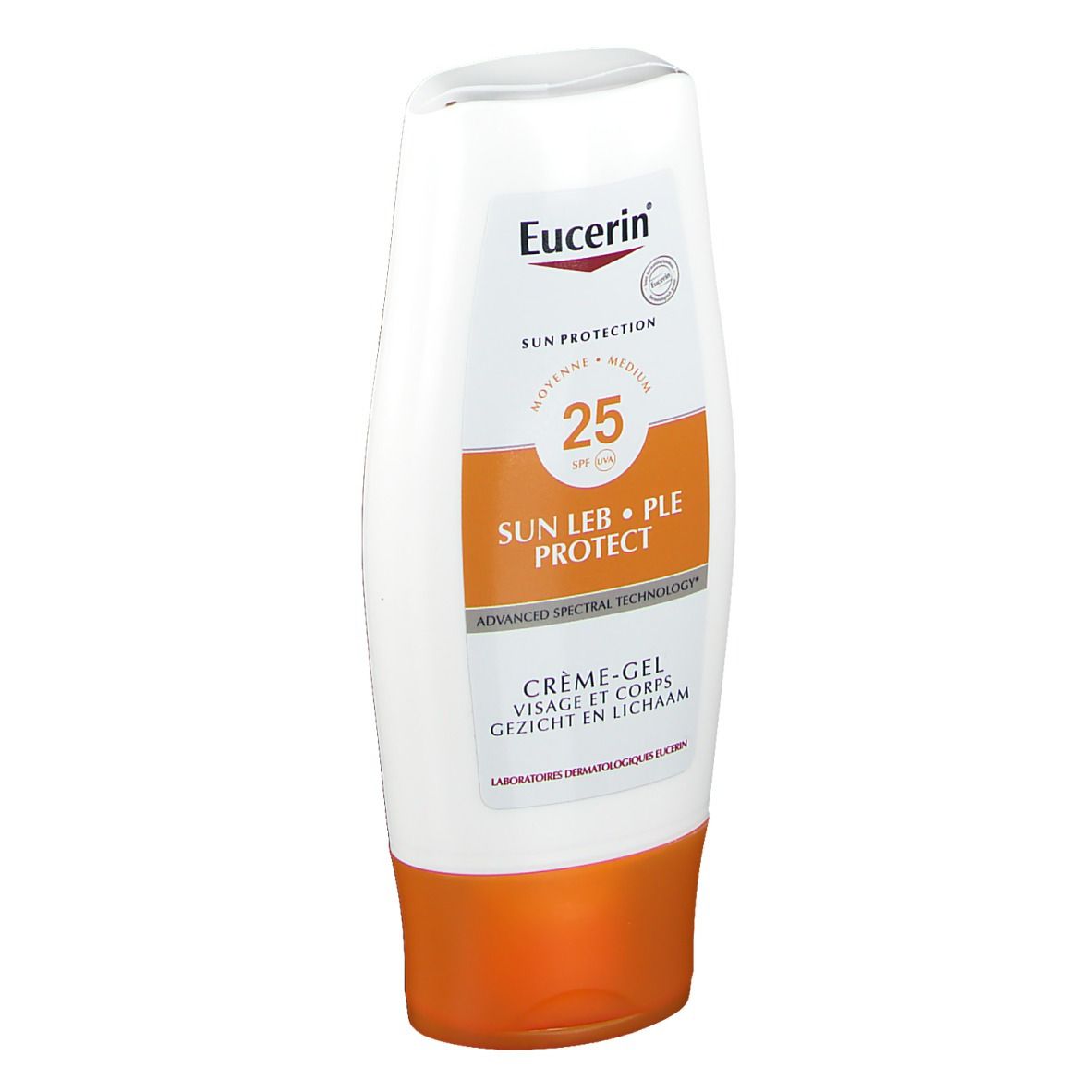 Tube blanc et orange. Logo Eucerin, SPF 25, SUN LEB • PLE PROTECT, Crème-Gel visage et corps.