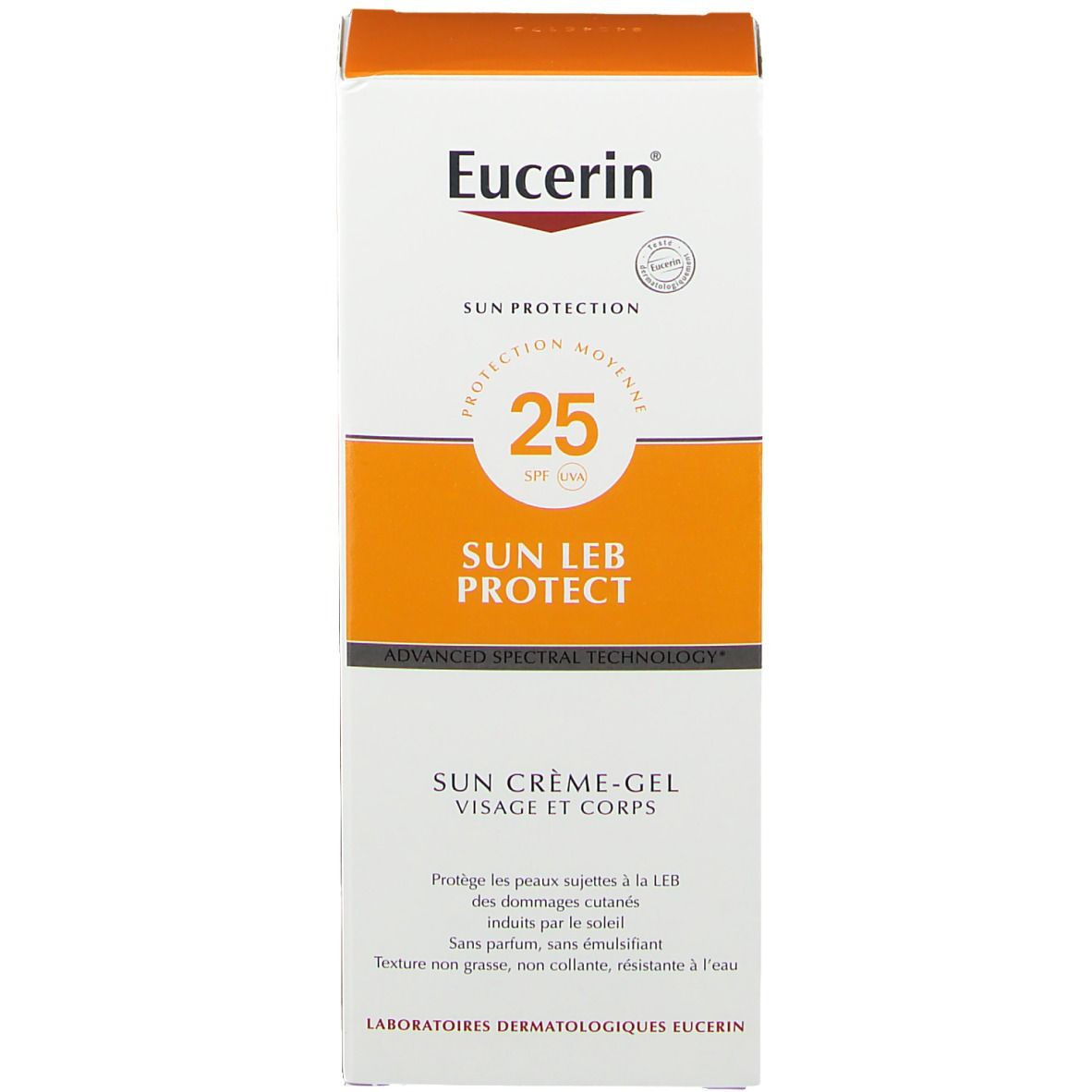 Boîte blanche avec logo Eucerin. SUN LEB PROTECT, SPF 25, SUN CRÈME-GEL. Informations produit.