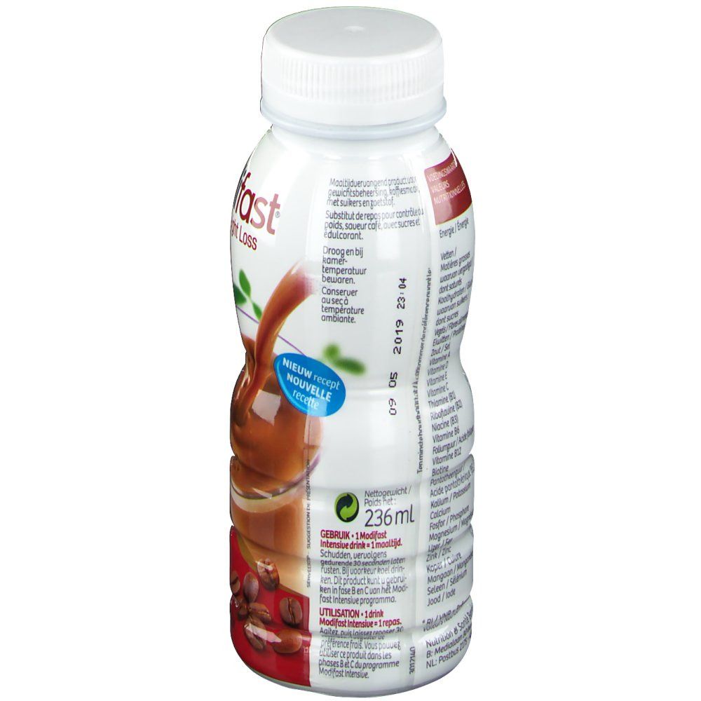 Bouteille blanche et marron avec bouchon blanc. Inscriptions et informations nutritionnelles. 236 ml.