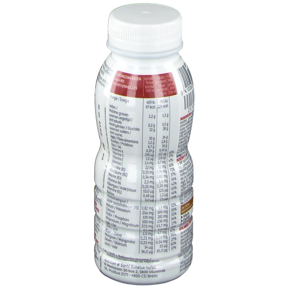Bouteille blanche et marron avec bouchon blanc. Informations nutritionnelles au dos.