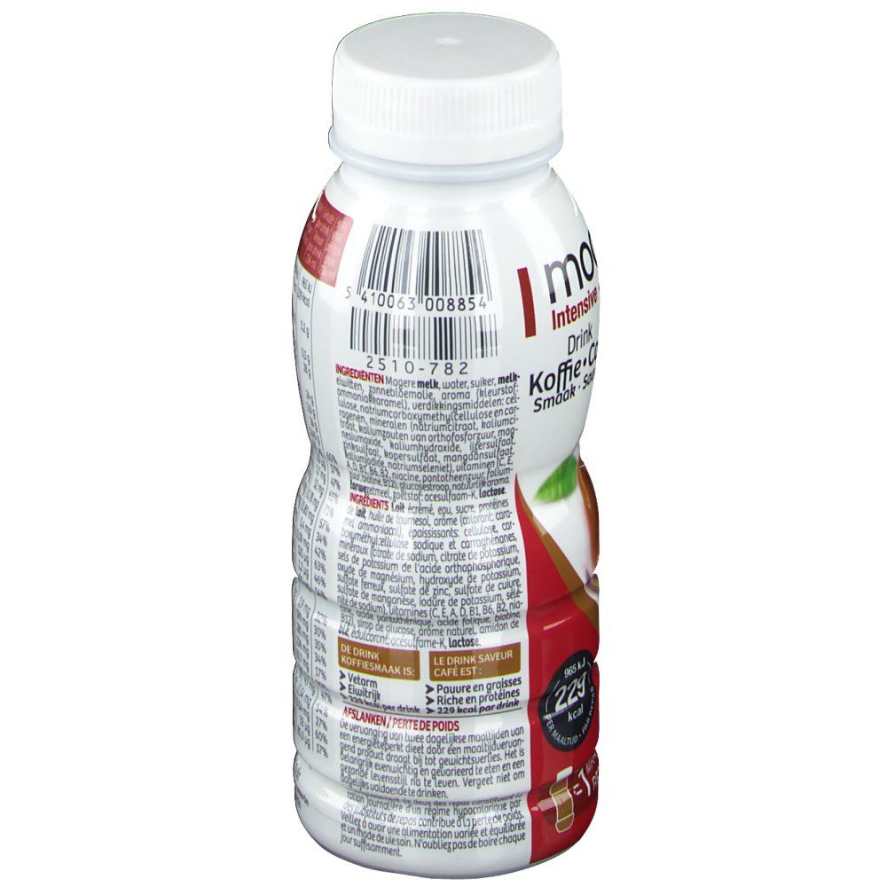 Bouteille blanche et marron avec bouchon blanc. Nom du produit et liste des ingrédients. Code-barres.