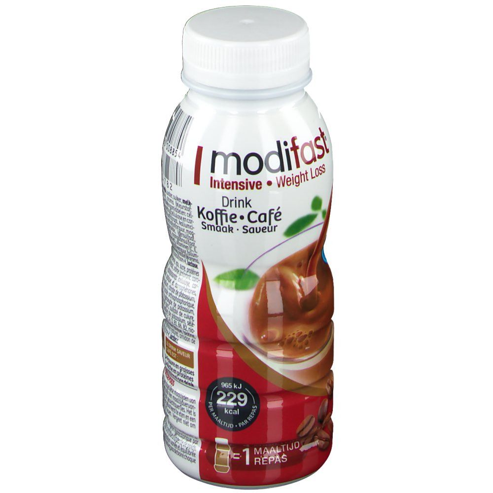Bouteille blanche et marron avec bouchon blanc. Nom du produit et illustration de café. 229 kcal.