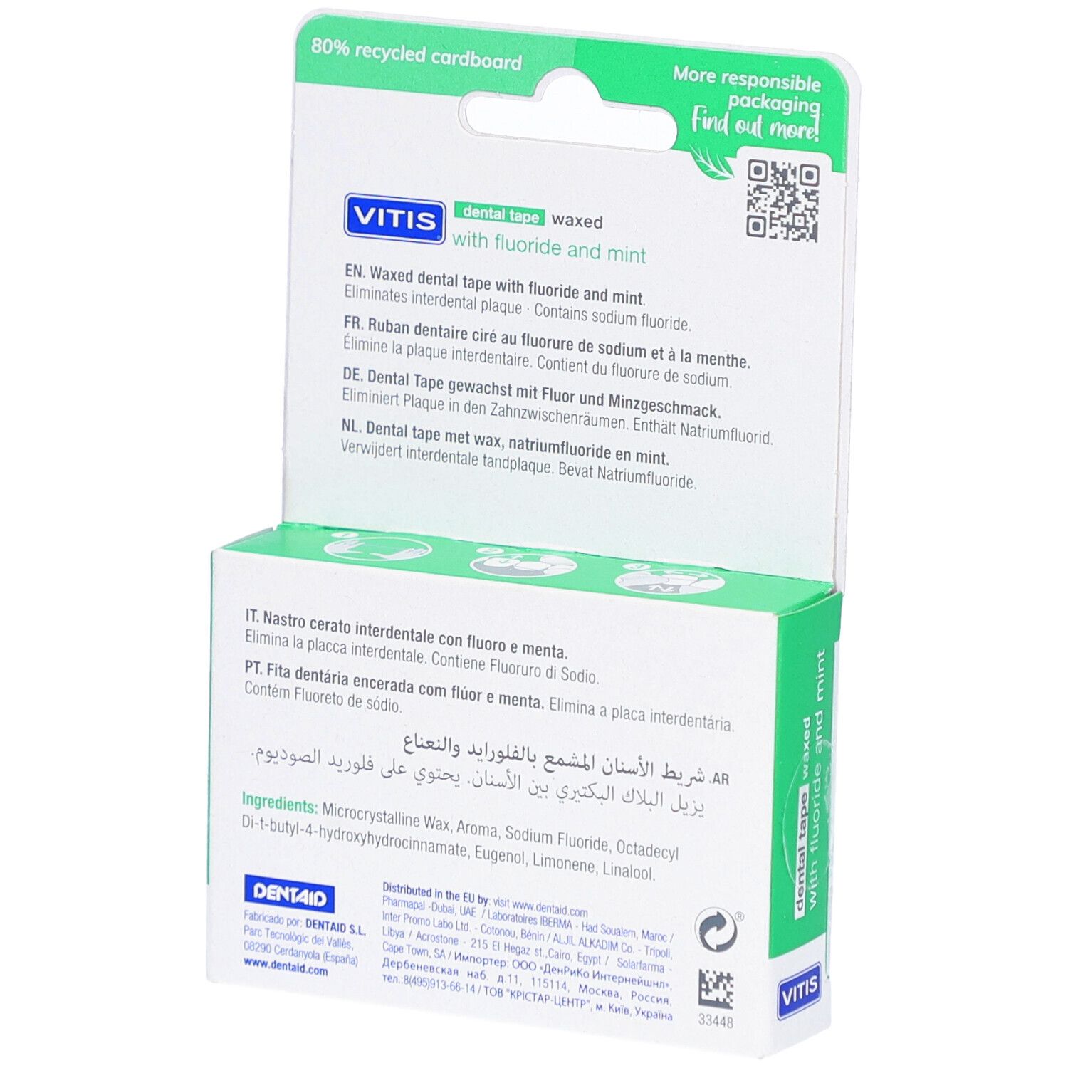 Dos de l'emballage de fil dentaire VITIS. Informations sur les ingrédients et le recyclage.