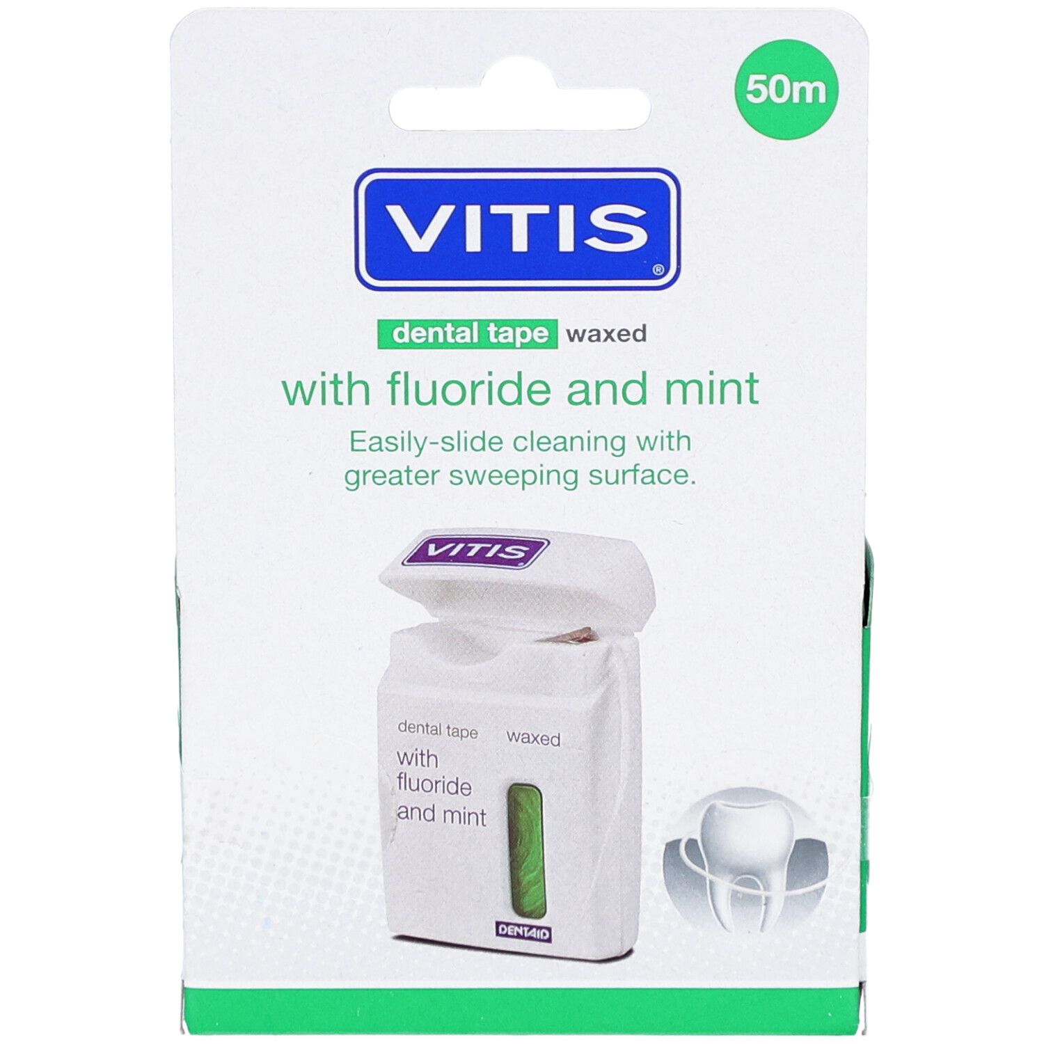 Emballage de fil dentaire VITIS, ciré au fluorure et à la menthe. Emballage blanc avec bande verte. 50m.