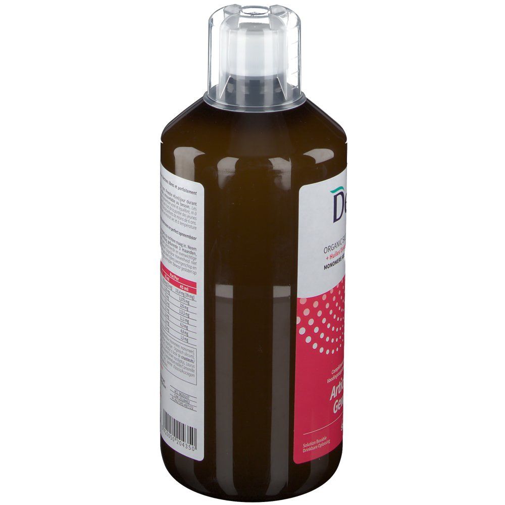 Liquide brun dans une bouteille avec bouchon transparent. Étiquette avec texte et informations. Vue latérale.