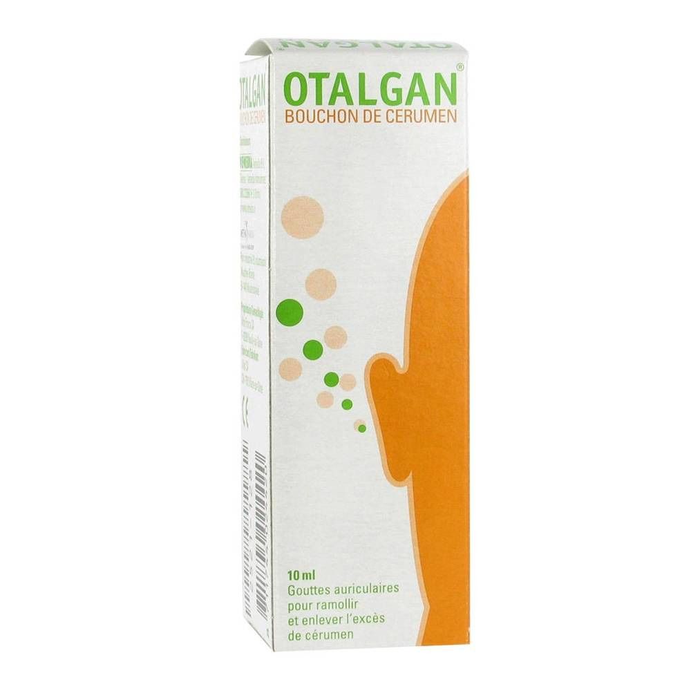 Boîte Otalgan. Carton blanc avec design vert et orange. Texte: Otalgan Bouchon de Cerumen. 10 ml.