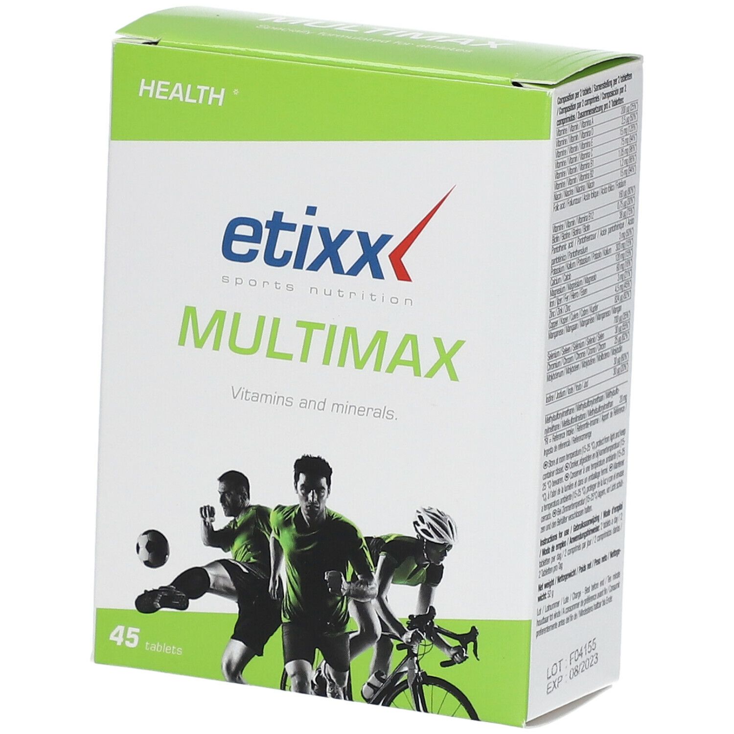 Boîte Etixx Multimaxx. Rectangulaire, vert et blanc, avec nom du produit et illustrations sportives. Contient 45 comprimés.