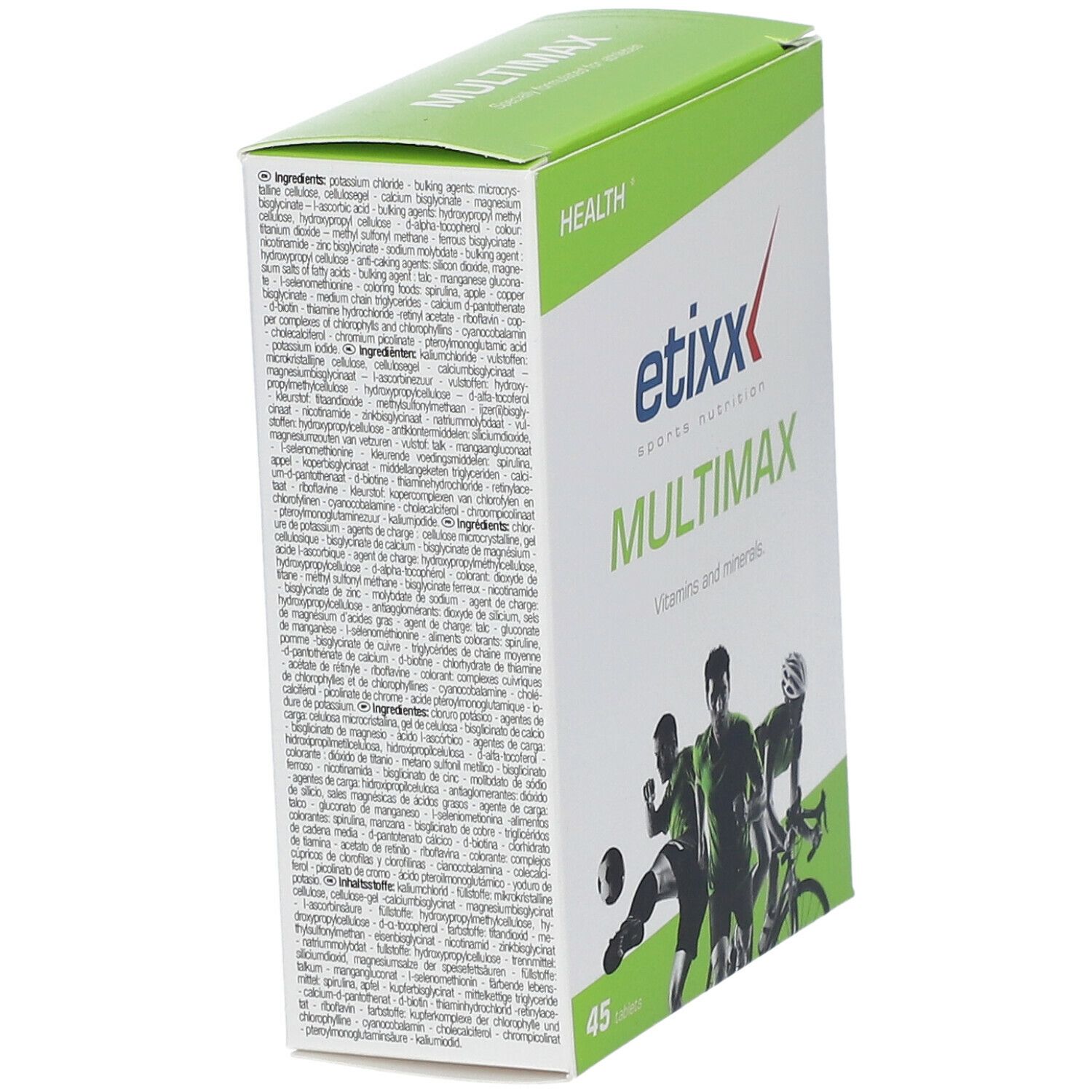 Boîte Etixx Multimaxx, vue en biais. Rectangulaire, vert et blanc, avec nom du produit et liste des ingrédients sur le côté.