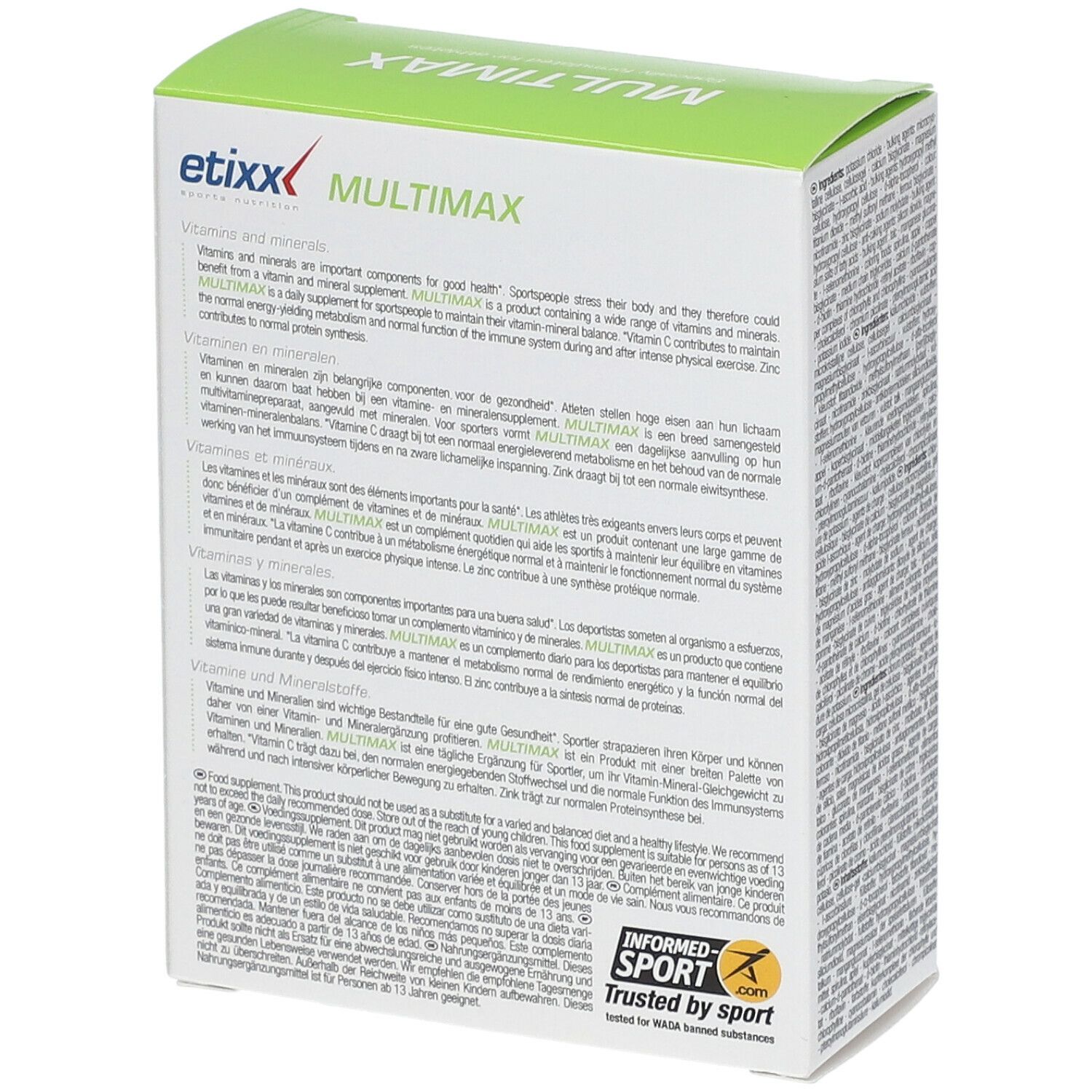 Dos de la boîte Etixx Multimaxx. Vert et blanc avec informations sur le produit et logo 'Informed Sport'.