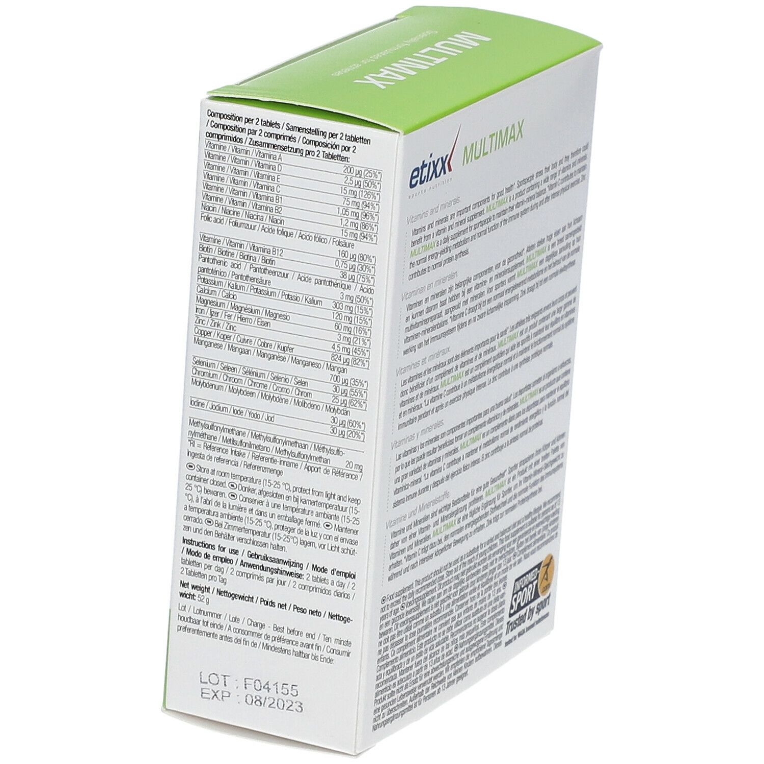 Boîte Etixx Multimaxx, vue en biais arrière. Vert et blanc avec informations produit et valeurs nutritionnelles.