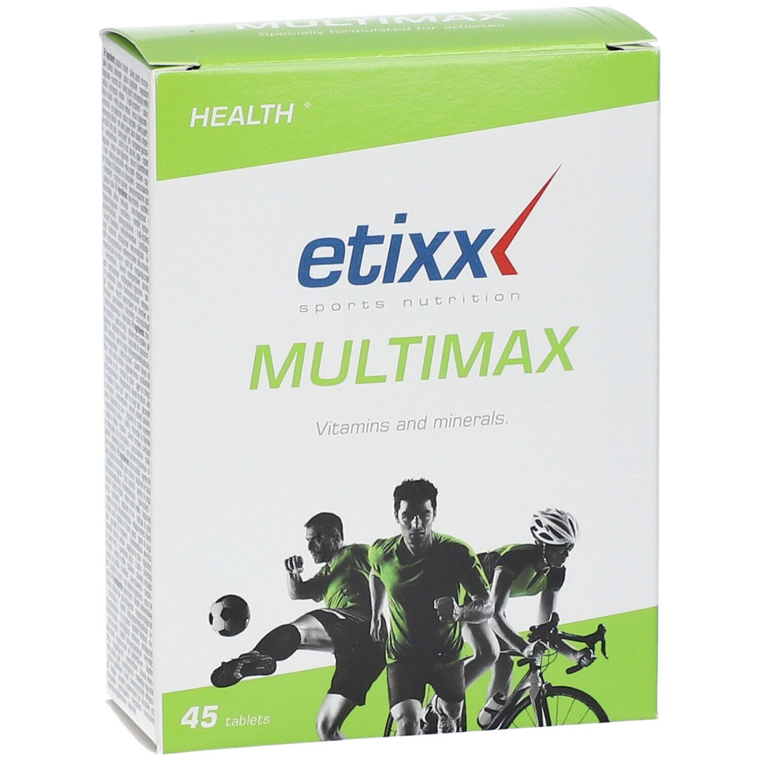Boîte Etixx Multimaxx. Rectangulaire, vert et blanc, avec nom du produit et illustrations sportives. Contient 45 comprimés.
