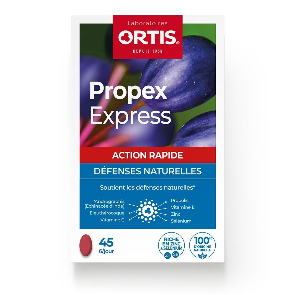 Boîte de Propex Express avec image de prunes, 45 comprimés.