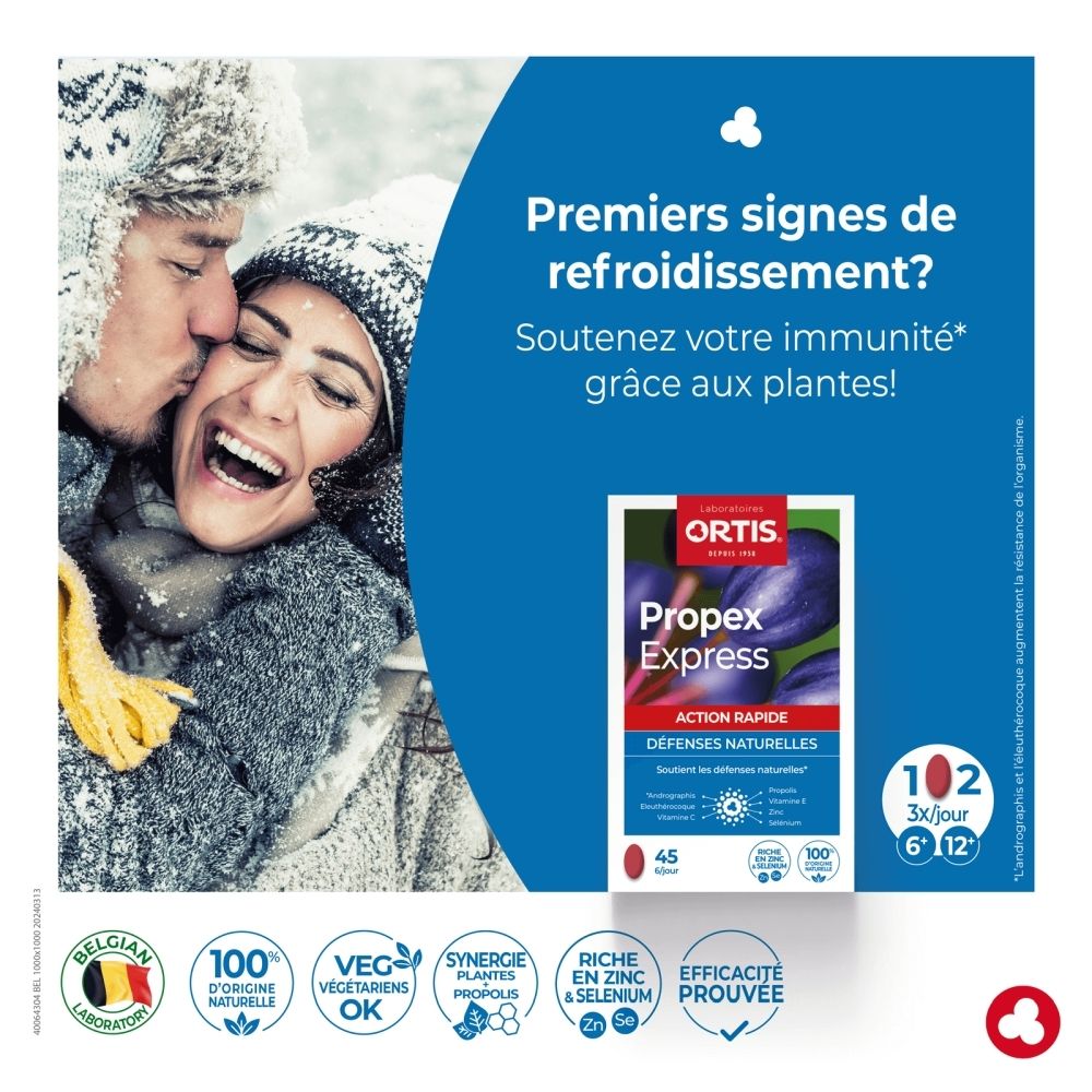 Boîte de Propex Express avec image de prunes, 45 comprimés.