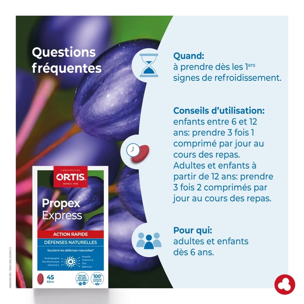Boîte de Propex Express avec image de prunes, 45 comprimés.
