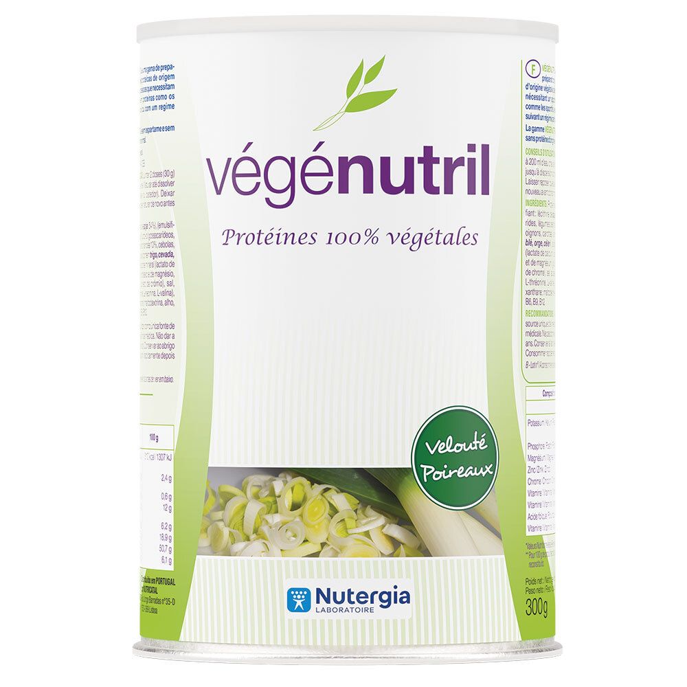 Boîte Vegenutril Velouté Poireaux. Inscription: Vegenutril, Protéines 100% végétales. Logo NUTERGIA. 300g.
