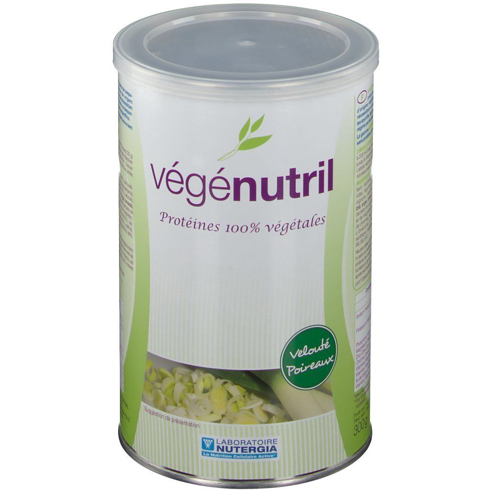 Boîte Vegenutril Velouté Poireaux, avec couvercle. Inscription: Vegenutril, Protéines 100% végétales. Logo NUTERGIA. 300g.