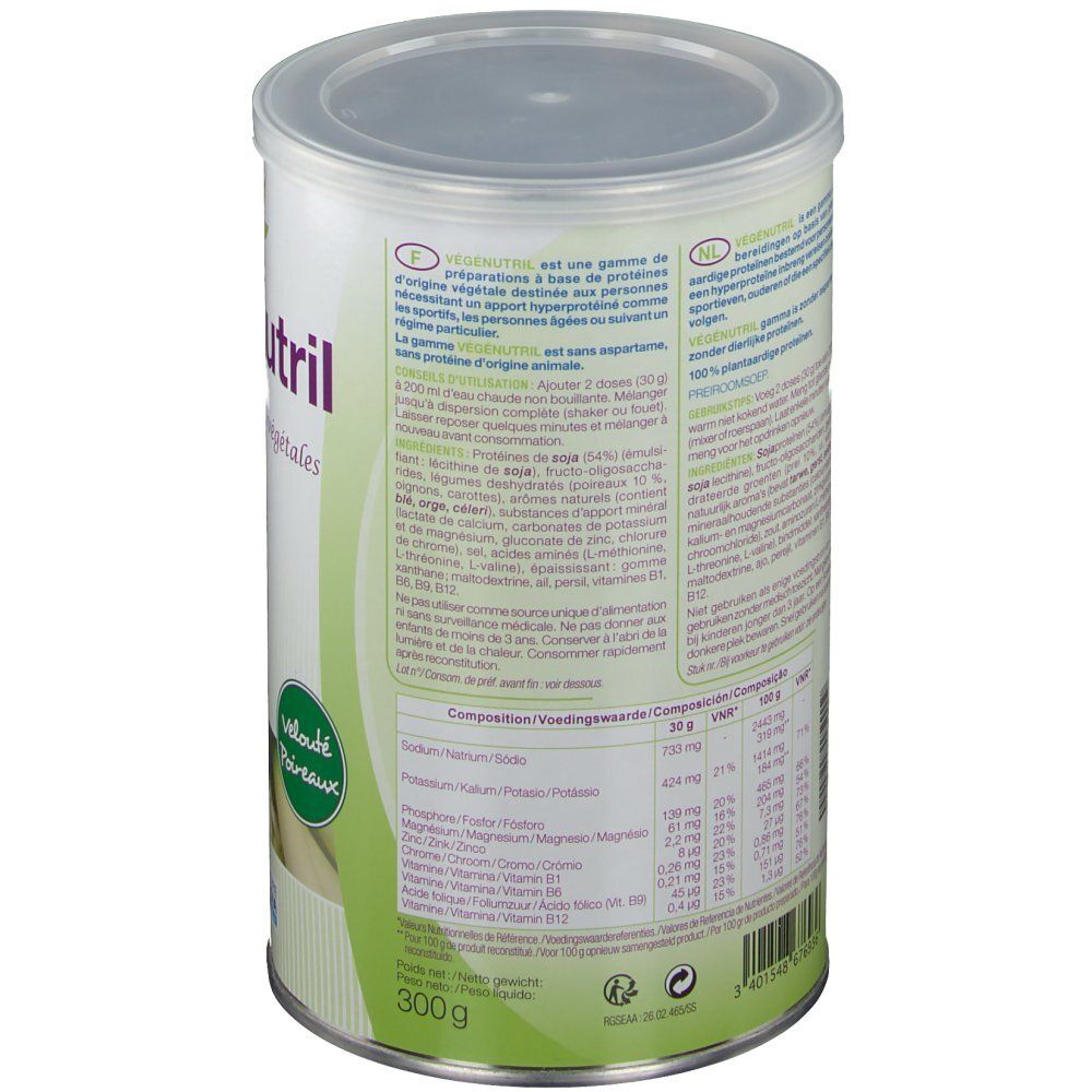 Boîte Vegenutril Velouté Poireaux, dos. Inscription: Vegenutril, tableau nutritionnel, ingrédients. Logo NUTERGIA. 300g.