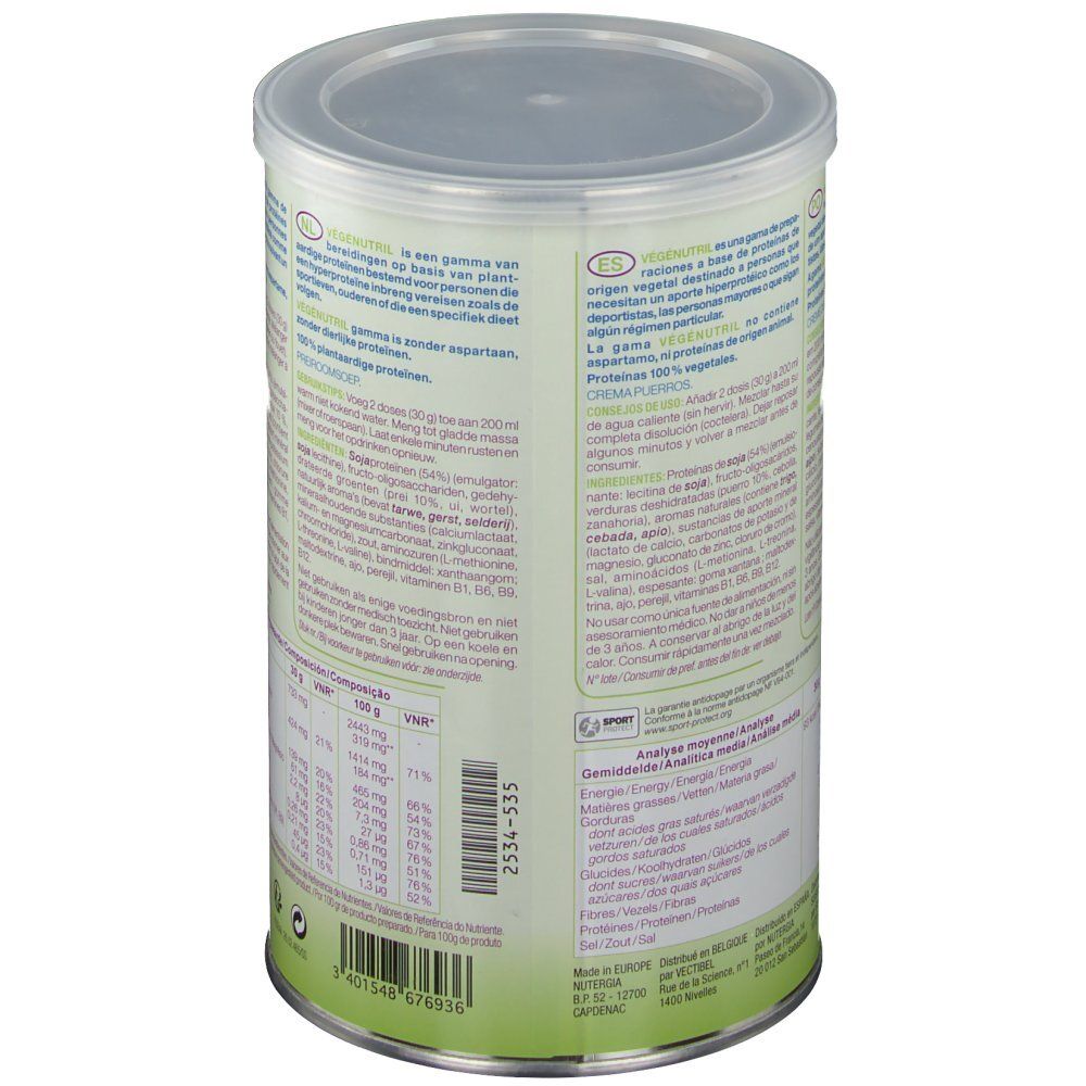 Boîte Vegenutril Velouté Poireaux, dos. Inscription: Vegenutril, tableau nutritionnel, ingrédients. Logo NUTERGIA. 300g.