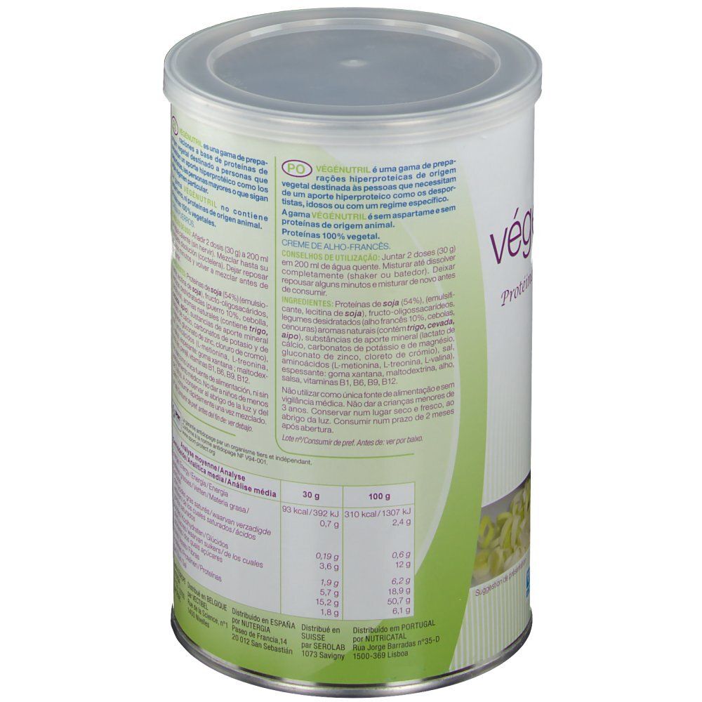 Boîte Vegenutril Velouté Poireaux, dos. Inscription: Vegenutril, tableau nutritionnel, ingrédients. Logo NUTERGIA. 300g.