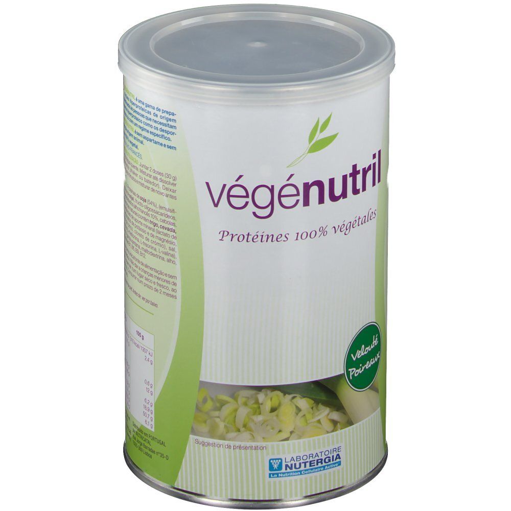 Boîte Vegenutril Velouté Poireaux, avec couvercle. Inscription: Vegenutril, Protéines 100% végétales. Logo NUTERGIA. 300g.