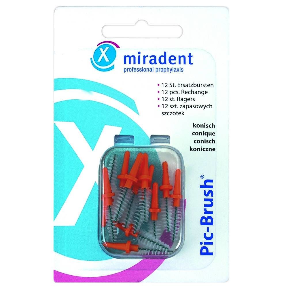 Emballage de 12 brossettes de remplacement. Têtes de brosse orange dans une boîte en plastique transparente. Texte : Miradent Pic-Brush.