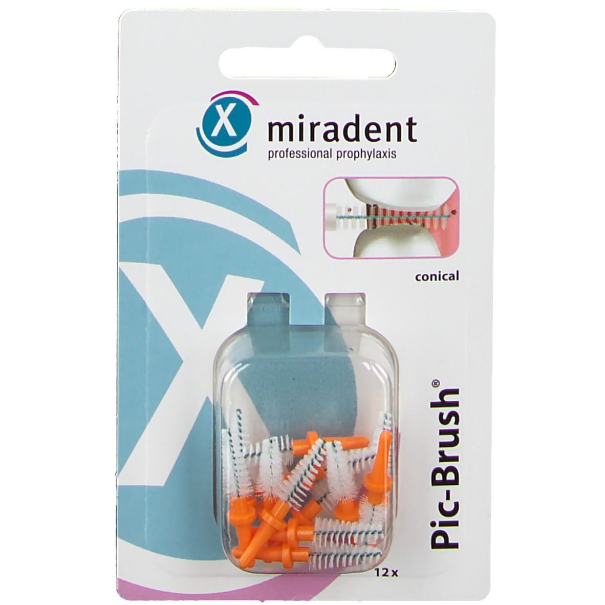 Emballage de 12 brossettes de remplacement. Têtes de brosse orange dans une boîte en plastique transparente. Texte : Miradent Pic-Brush.