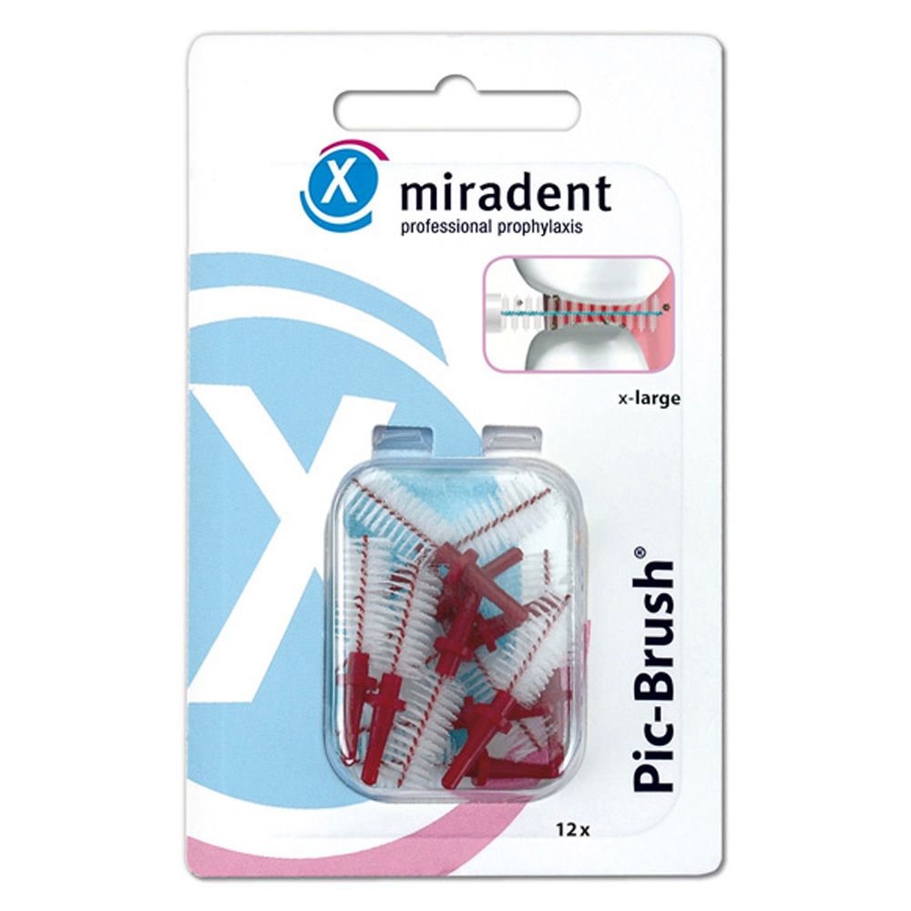 Paquet de brosses interdentaires miradent Pic-Brush. Poignée rouge, poils blancs. Taille x-large. 12 pièces.