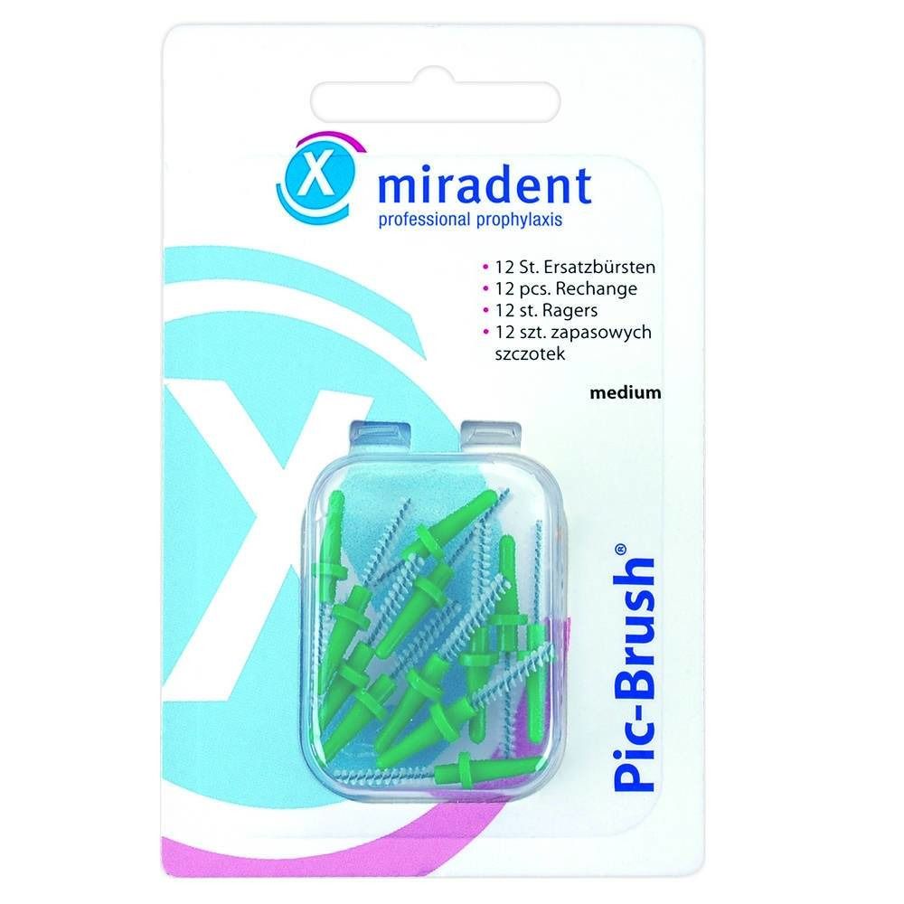 Miradent Pic-Brush Brossette Vert, 12 recharges dans un emballage blister. Brossettes vertes, zone de poils bleue, "medium".