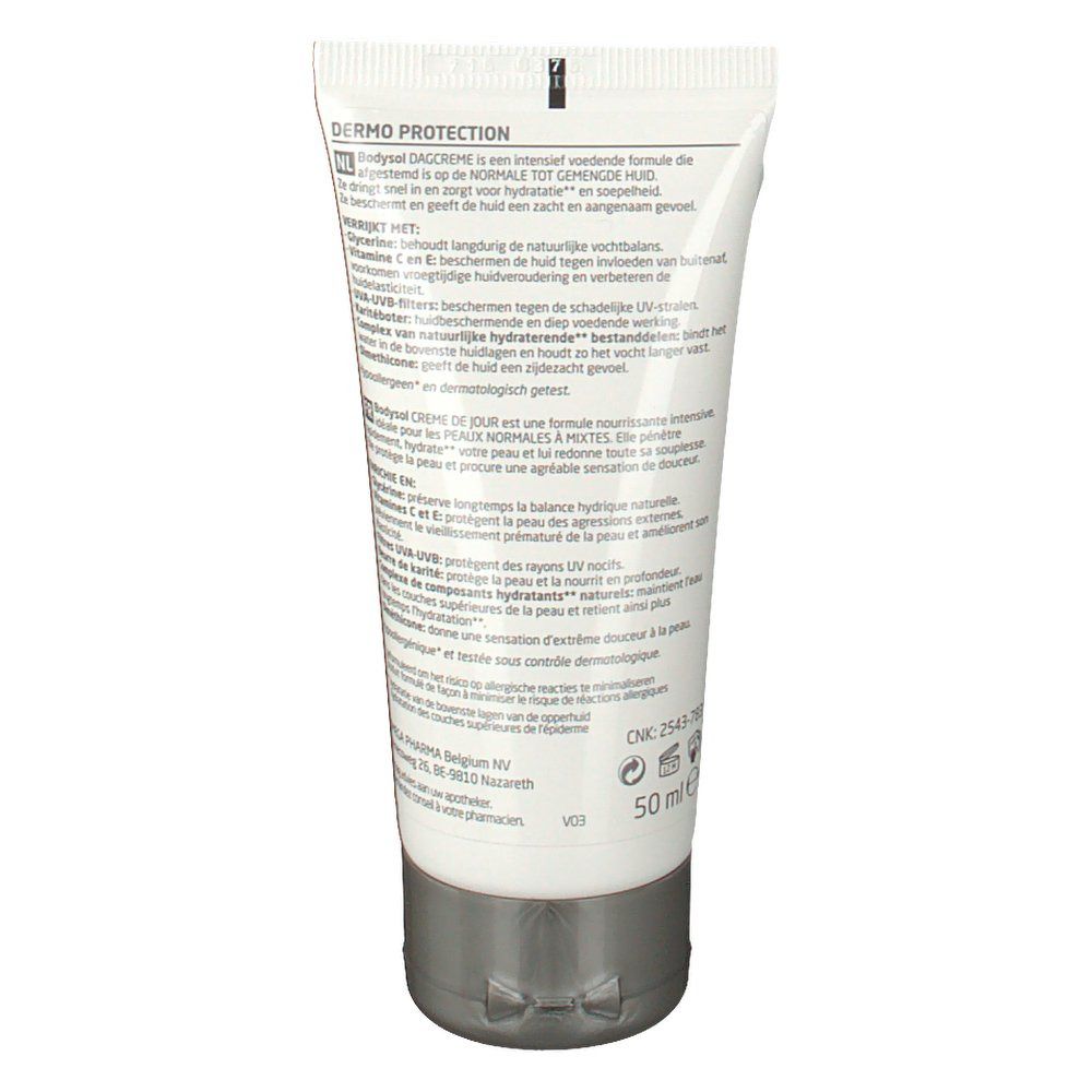 Dos du tube de crème. Texte avec informations sur le produit et coordonnées du fabricant. 50 ml.