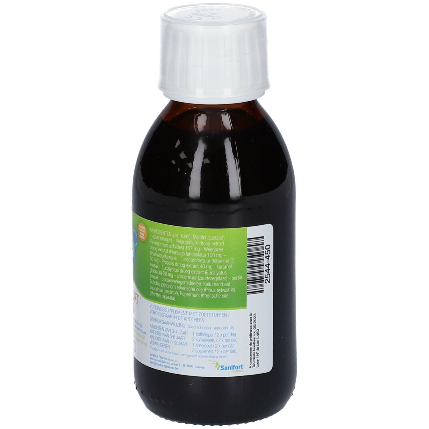Flacon en verre brun avec bouchon blanc. Étiquette avec texte et instructions de dosage.