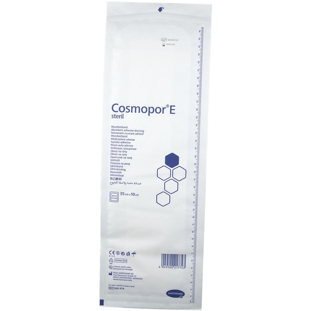 Emballage Cosmopor E stérile. Blanc, rectangulaire. Inscriptions: nom du produit, dimensions 35x10cm, pictogrammes, code-barres, logo Hartmann.