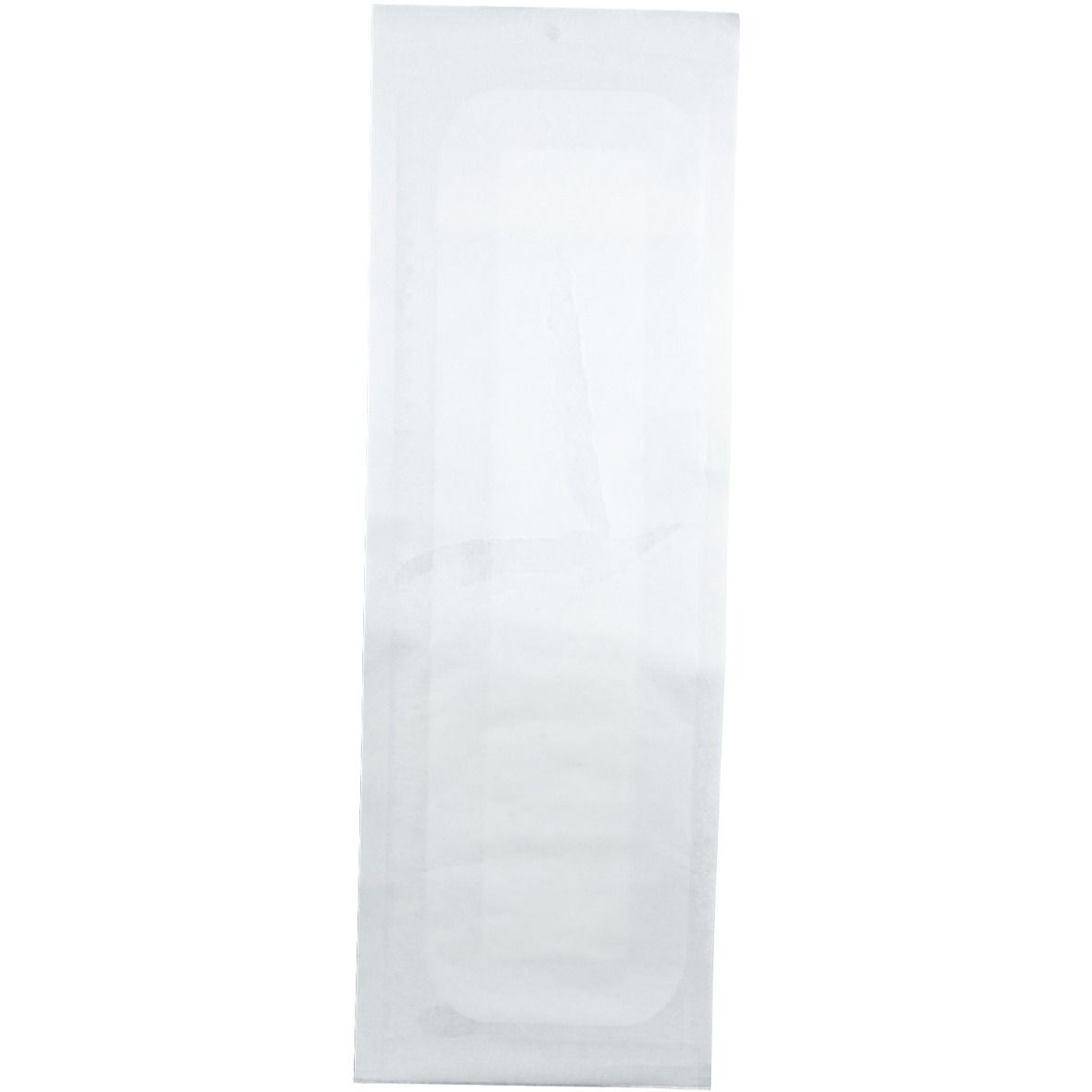 Emballage Cosmopor E stérile, blanc. Forme rectangulaire. Visible: pansement. Emballage stérile.