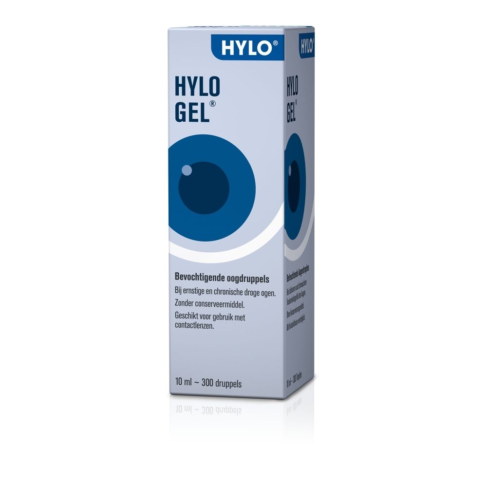 Boîte de Hylo-Gel gouttes oculaires. Étiquetage en français avec motif d'œil.