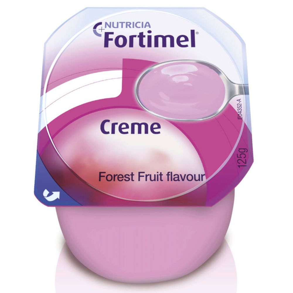 Pot individuel de Fortimel Crème, goût fruits des bois. 125g. Inscription: Forest Fruit flavour. Crème rose.