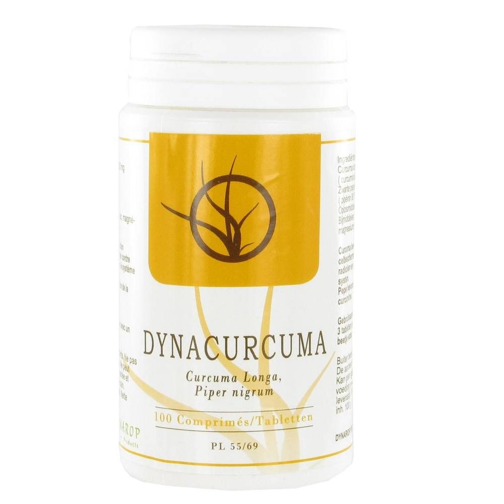 Flacon blanc de Dynacurcuma avec étiquette jaune. Inscription: Curcuma Longa, Piper nigrum. Contient 100 comprimés.