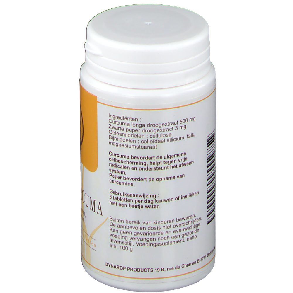 Dos du flacon de comprimés. Liste des ingrédients, mode d'emploi. Texte en allemand et néerlandais.