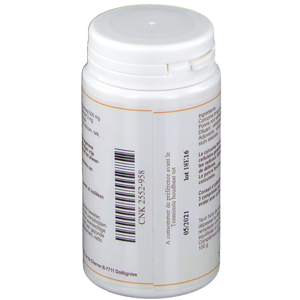 Flacon de comprimés, dos. Code-barres, date de péremption 05/2021. Texte en allemand et français.