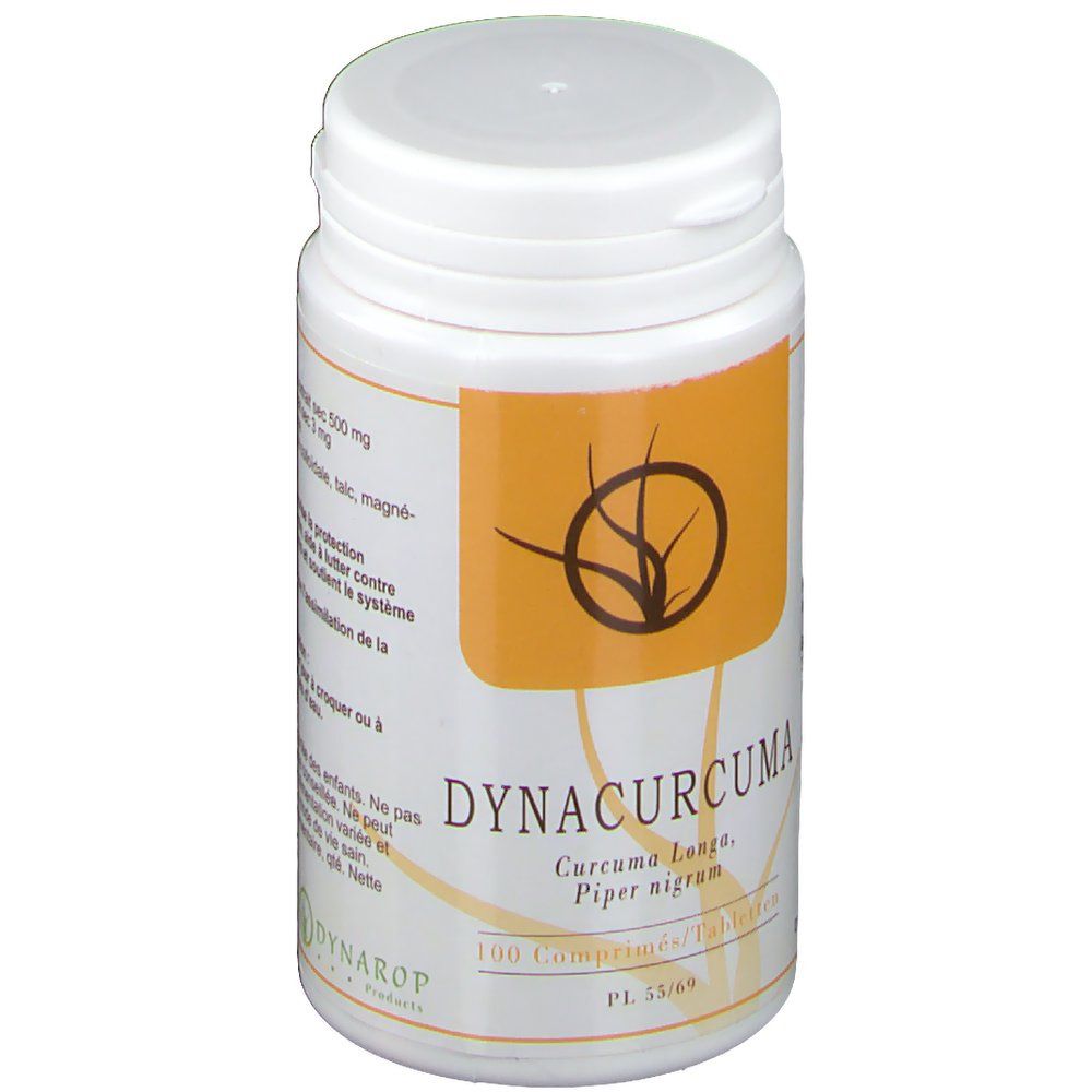 Flacon de comprimés, face avant. Inscription: Dynacurcuma, Curcuma Longa, Piper nigrum. 100 comprimés.