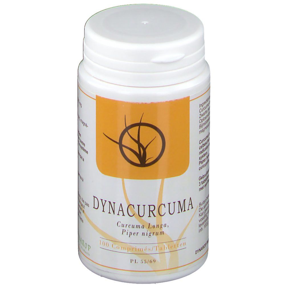Flacon de comprimés, face avant. Inscription: Dynacurcuma, Curcuma Longa, Piper nigrum. 100 comprimés.