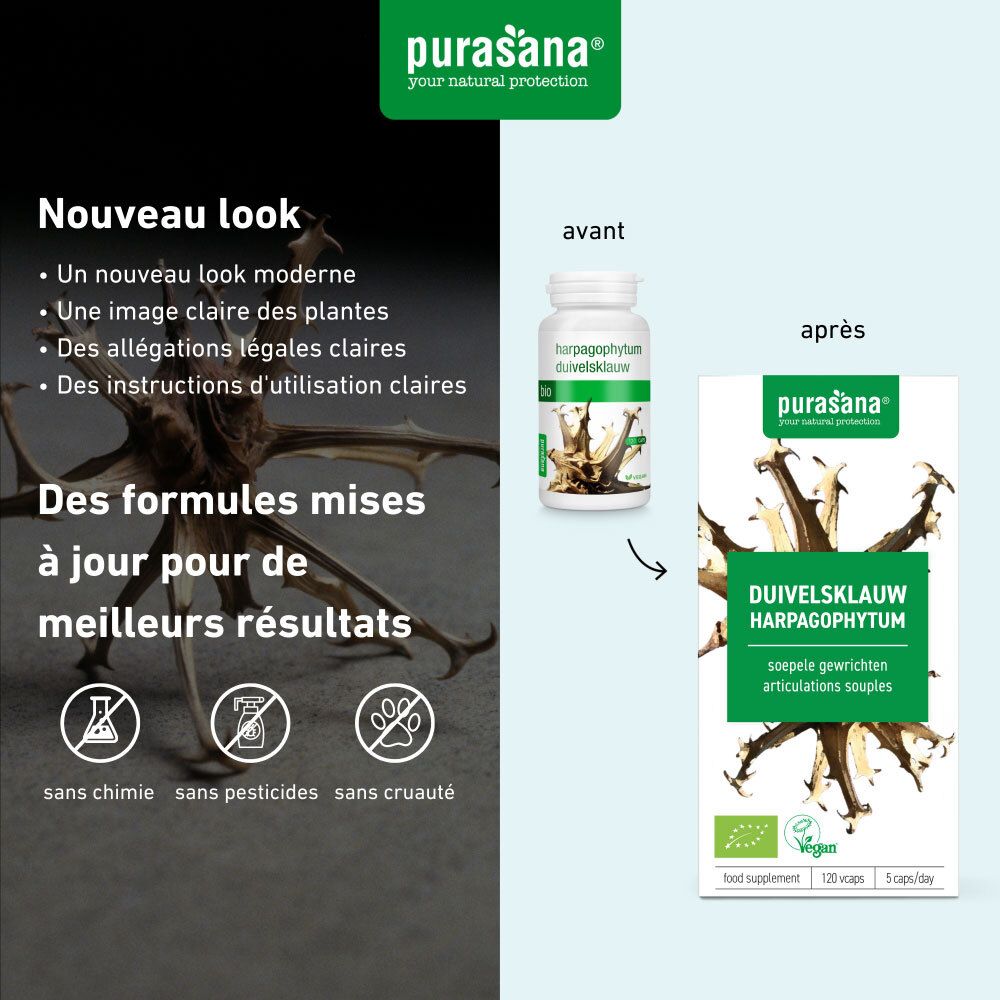 Comparaison avant/après. Logo Purasana, emballage et flacon. Texte et sceaux.