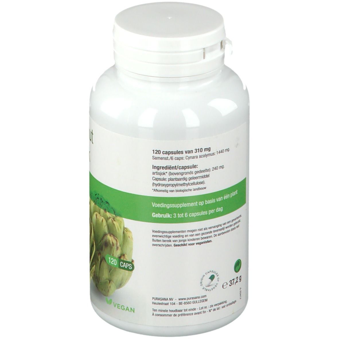 Dos du flacon avec informations. Contient 120 gélules. Liste des ingrédients. Label Vegan. Logo Bio UE.