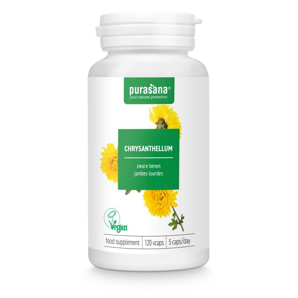 Flacon blanc de gélules. Inscription: Chrysanthellum, vegan. Fleurs jaunes.