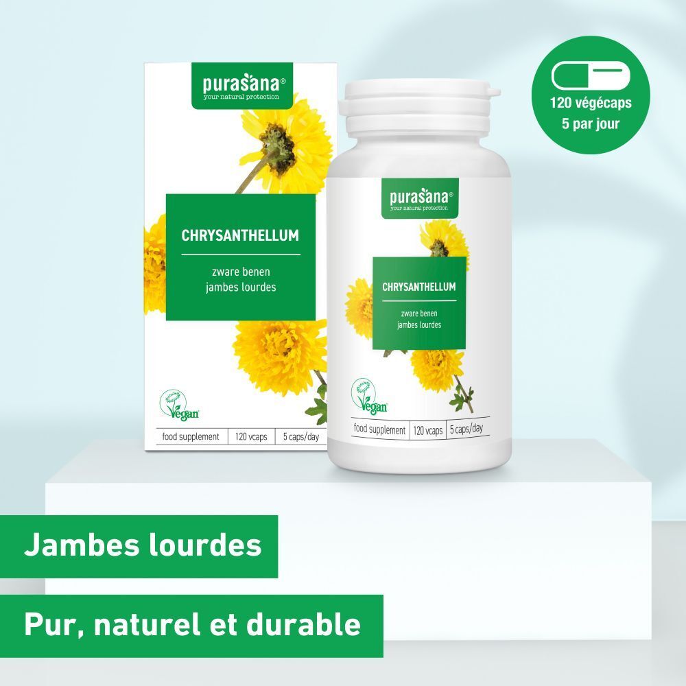 Emballage et flacon de gélules. Inscription: Chrysanthellum, vegan. Fleurs jaunes.